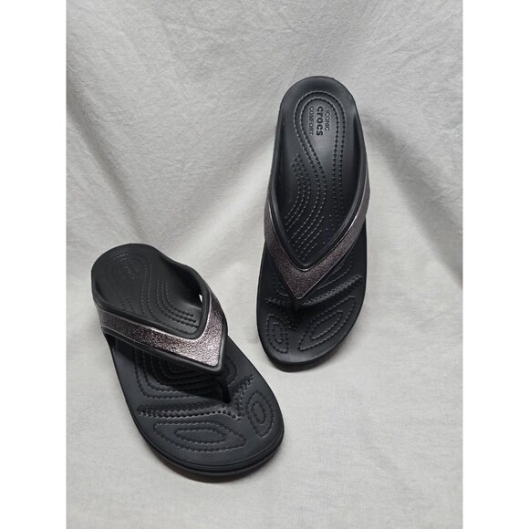 Crocs Shoes Womens Size 9 Sloane Black Silver Comfort Flip Flops Thong Sandals - Picture 1 of 7